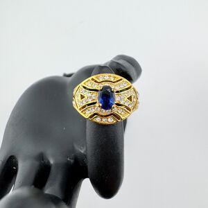Vintage Blue Rhinestone Ring  Gold Tone Art Deco Statement Cocktail Gatsby Glam